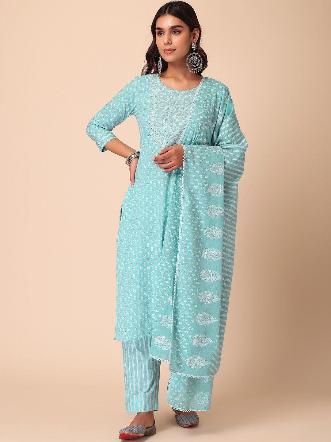 indya women floral printed pure cotton kurta with trouser & dupatta