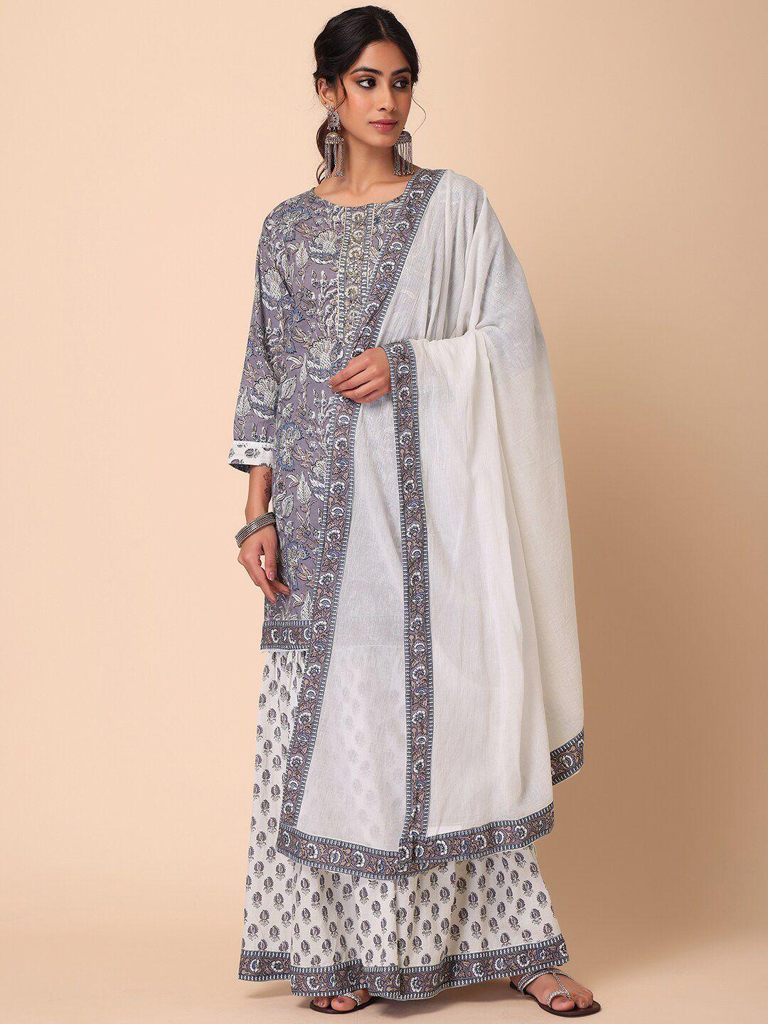 indya women floral printed pure cotton kurta with sharara & dupatta