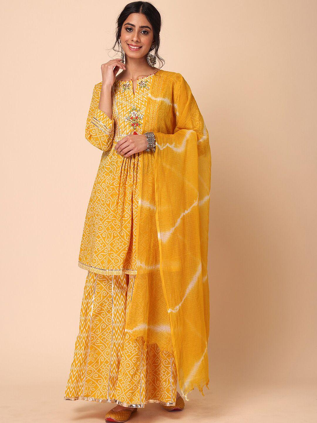 indya women bandhani printed pure cotton kurta with sharara & dupatta