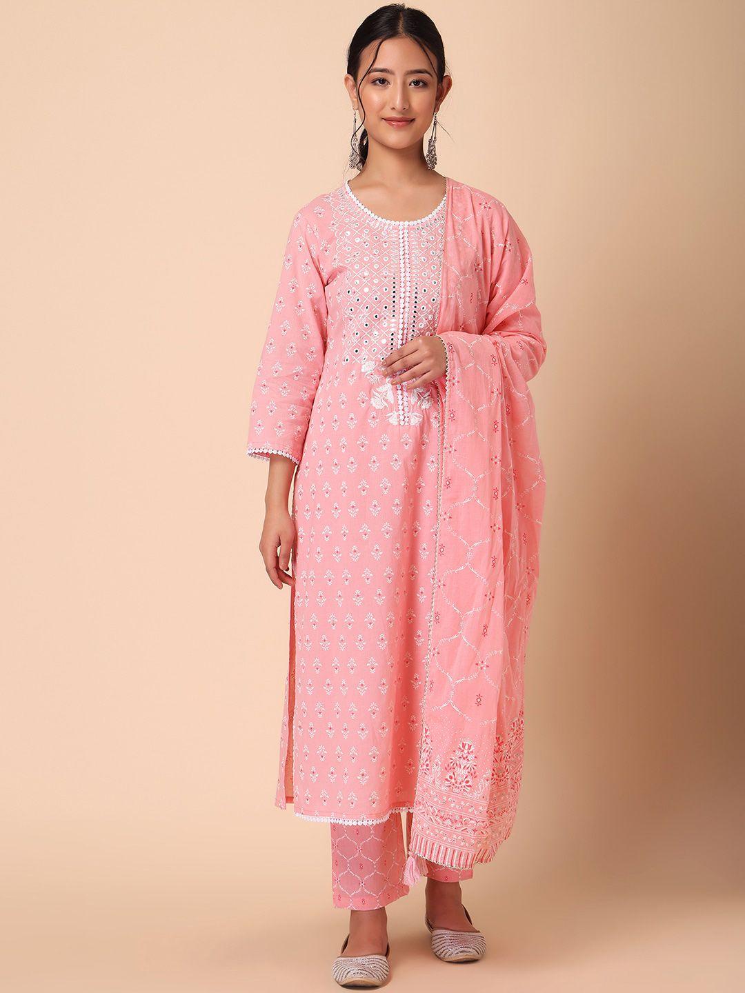 indya women floral embroidered pure cotton kurta with trousers & dupatta