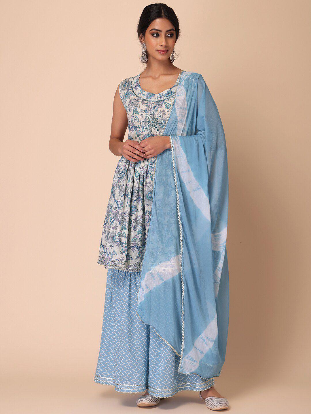 indya floral printed & embroidered pure cotton anarkali kurta with sharara & dupatta set