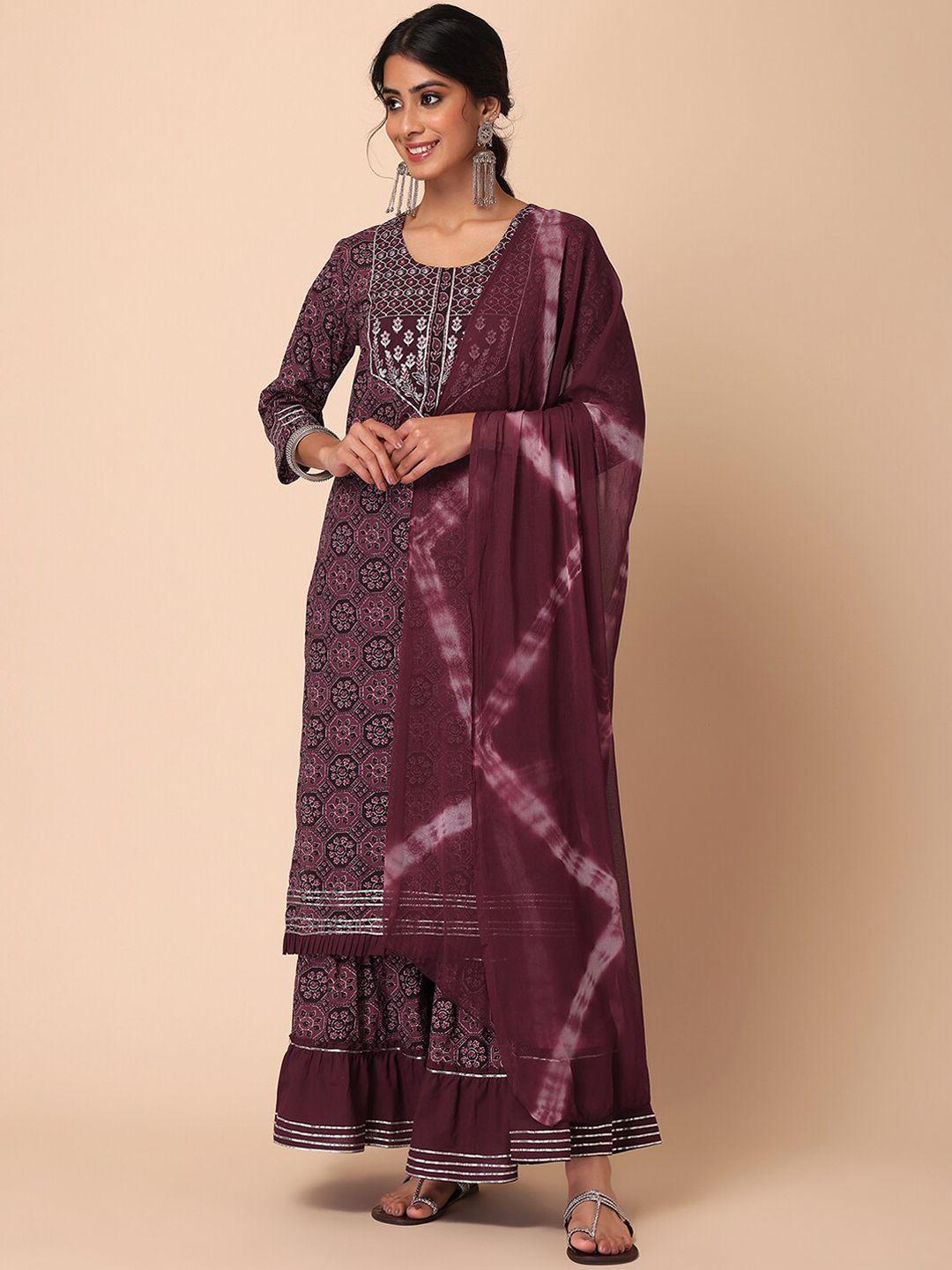 indya women ethnic motif printed mirror work pure cotton kurta with sharara & dupatta