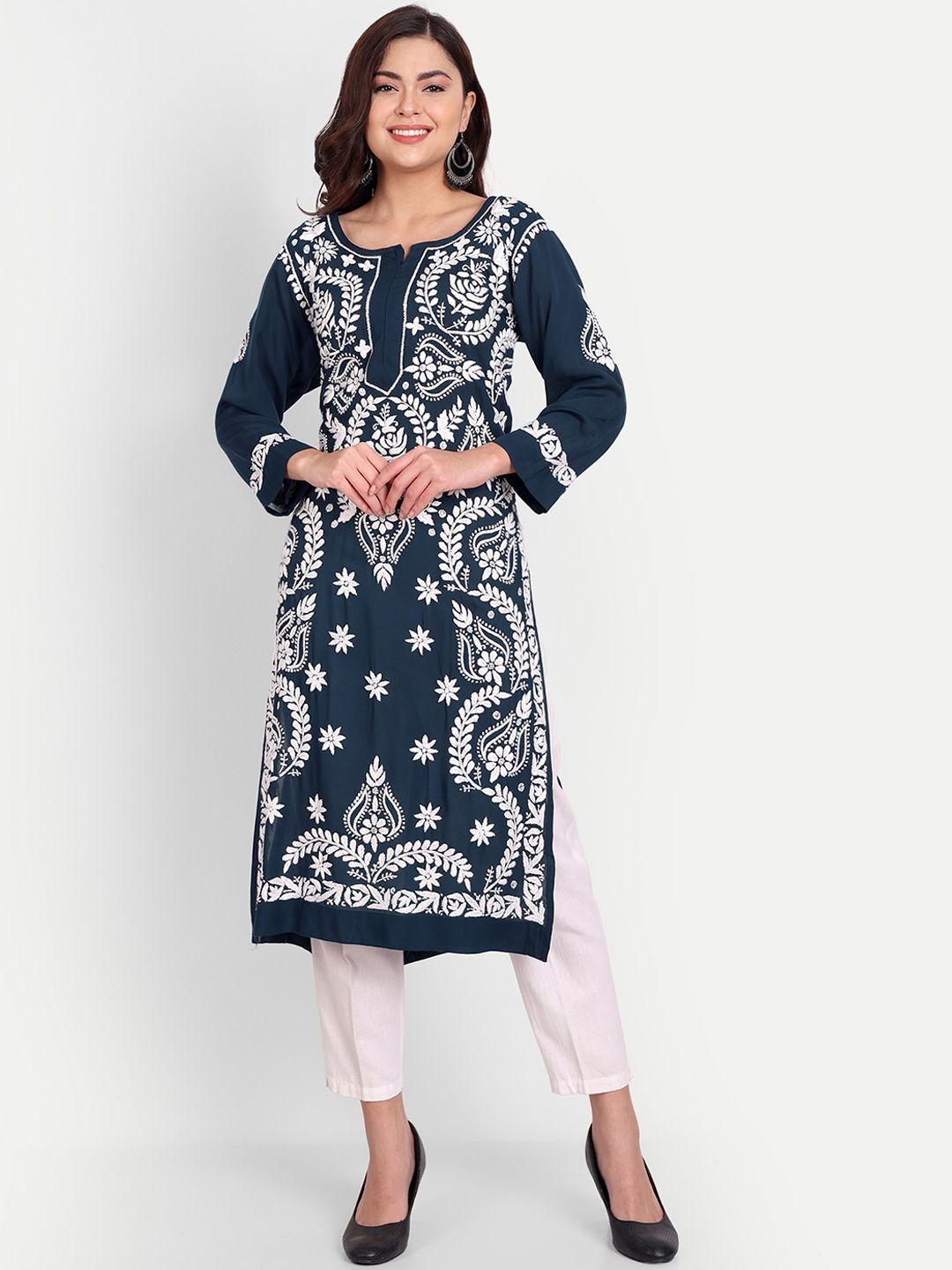 indiankala4u women floral embroidered notch neck kurta