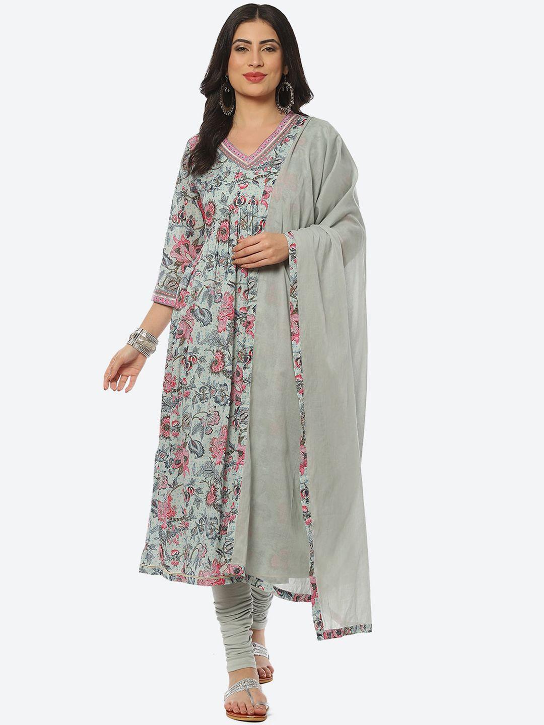 biba women floral printed kurta with churidar & dupatta