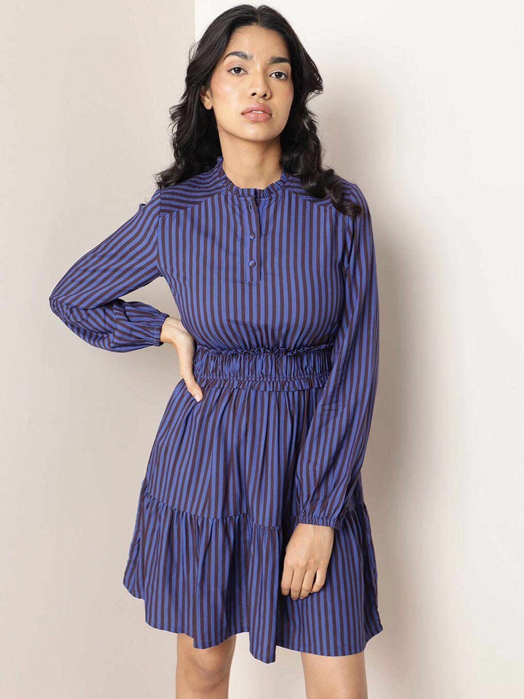 rareism striped smocked flounce fit & flare dress