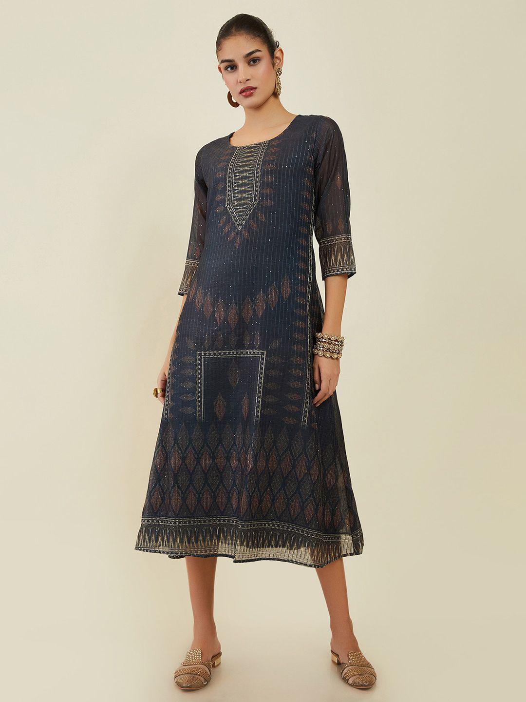 soch black ethnic motifs printed a-line midi dress