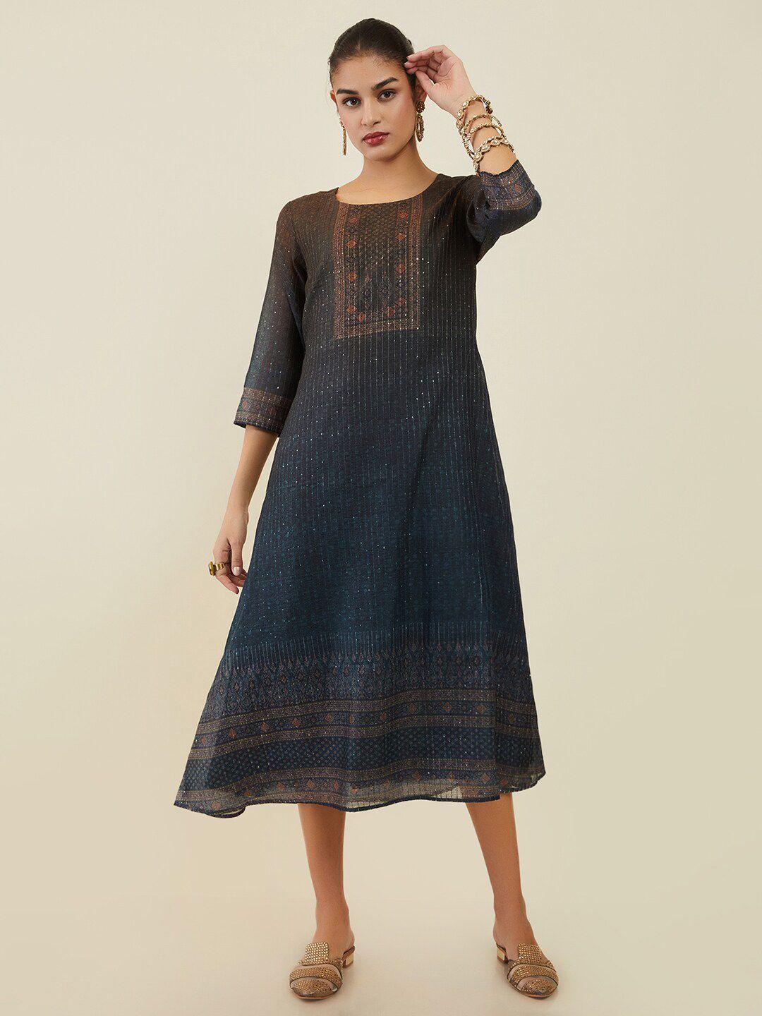 soch olive green ethnic motifs sequined a-line midi dress