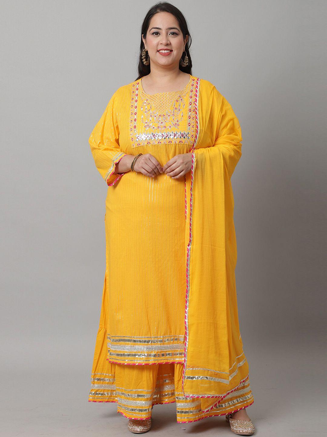 rajnandini women yellow embroidered pure cotton kurta with sharara & with dupatta