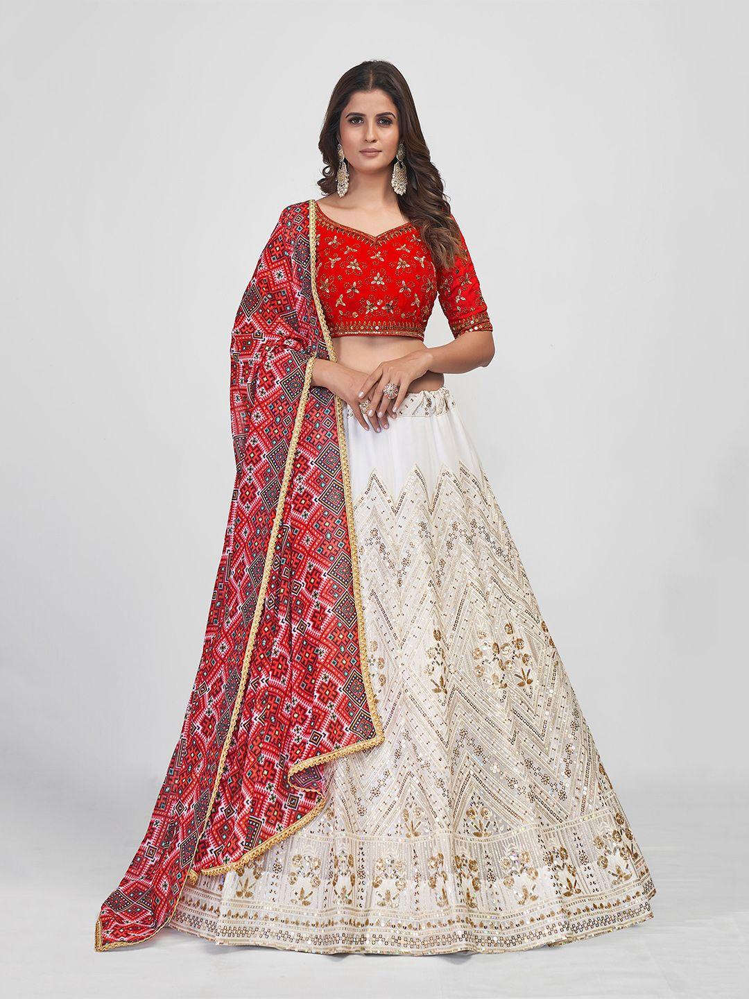 fusionic white & red embroidered thread work semi-stitched lehenga & unstitched blouse with dupatta