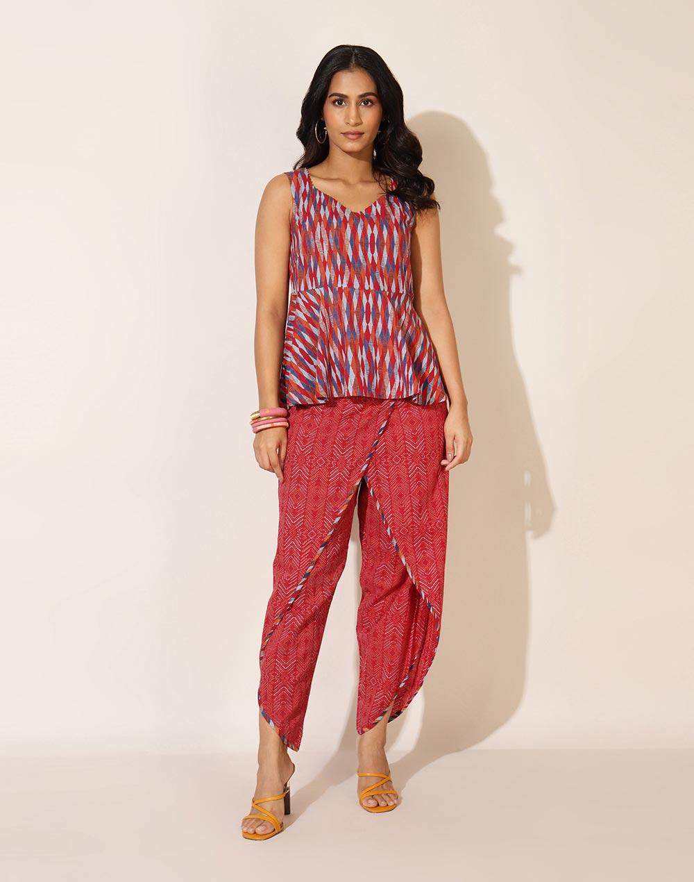 red printed sweetheart neck cotton 2 piece dhoti set