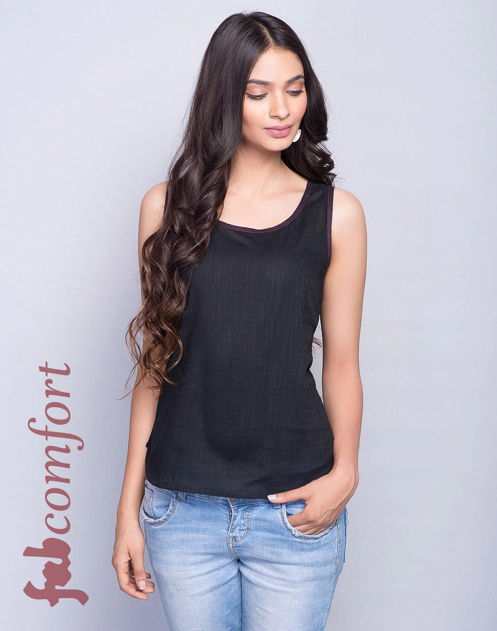 black cotton slub stitch detail top