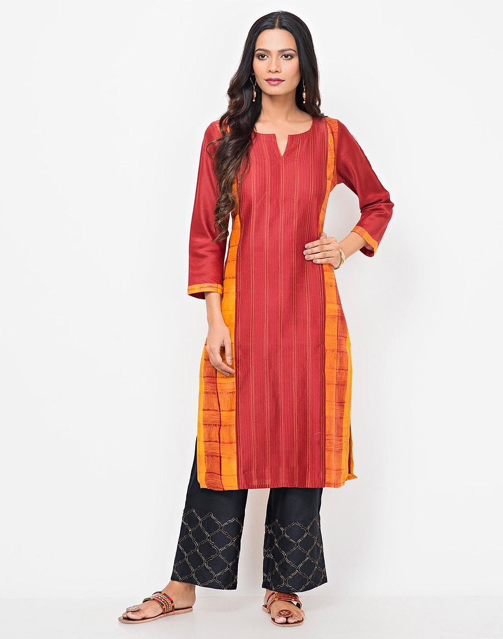 red cotton silk shibori pintuck panel mini kurta