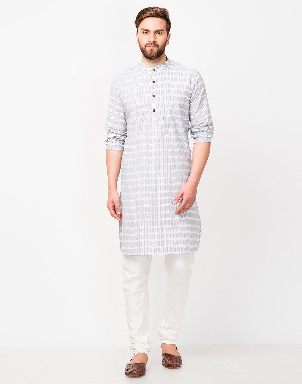 blue cotton ikat chinese collar long kurta