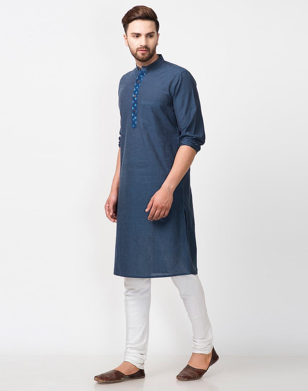 navy cotton printed slim fit long kurta