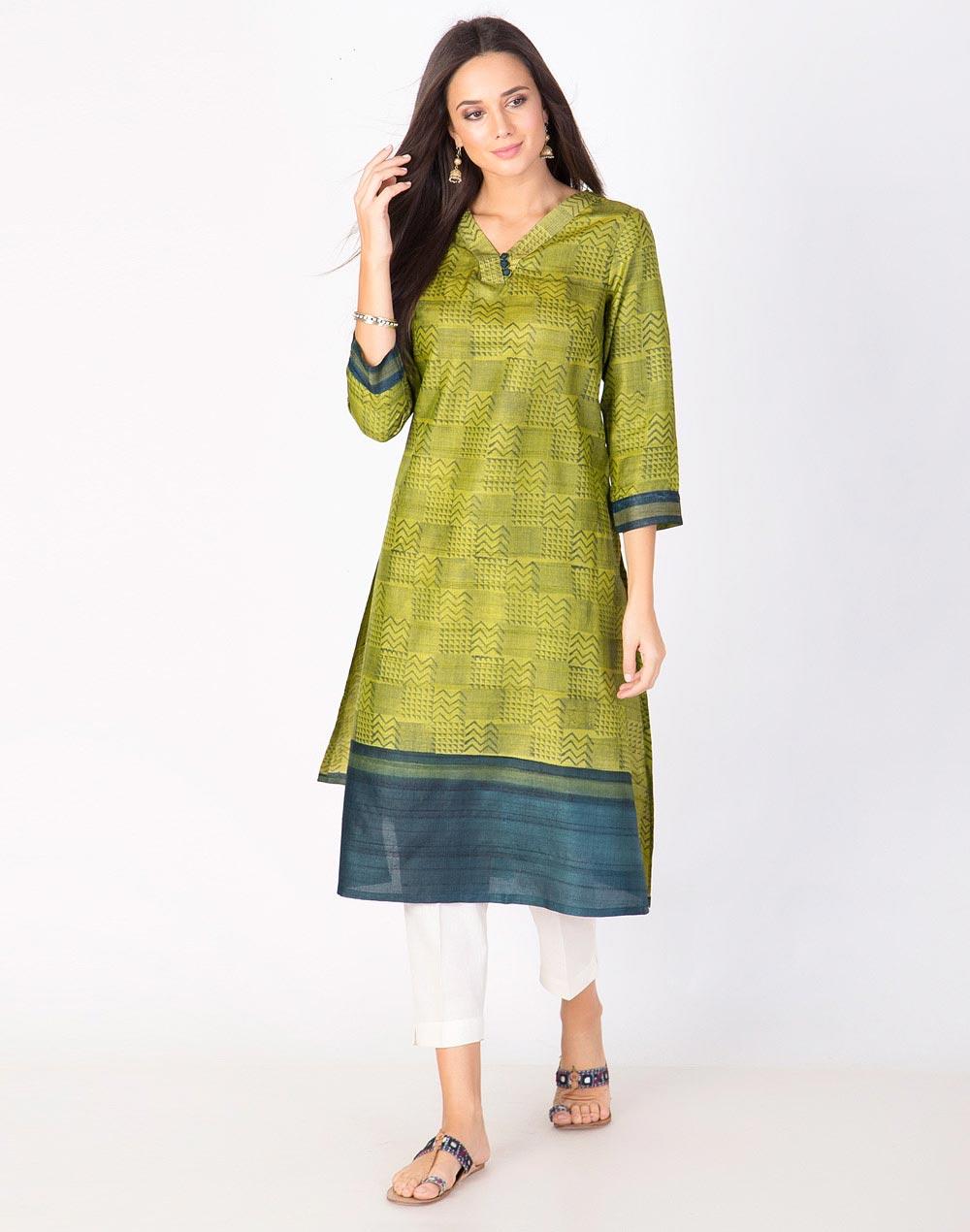 green silk printed long kurta