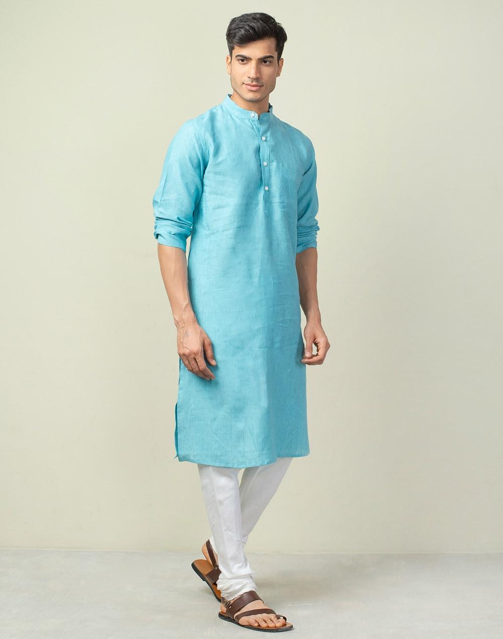 teal linen geometric slim fit long kurta