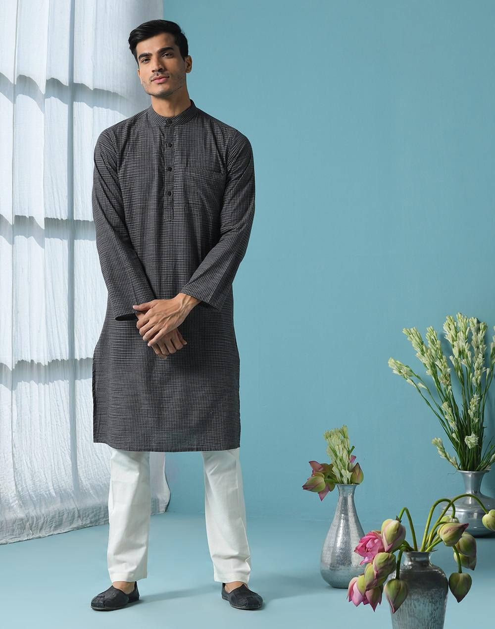 black cotton geometric slim fit long kurta