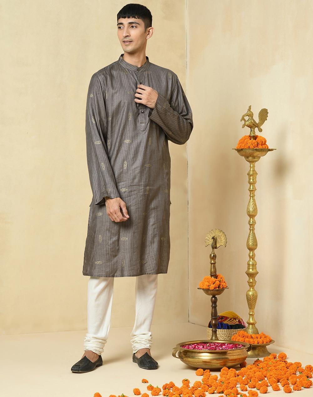 grey silk hand block printed slim fit long kurta