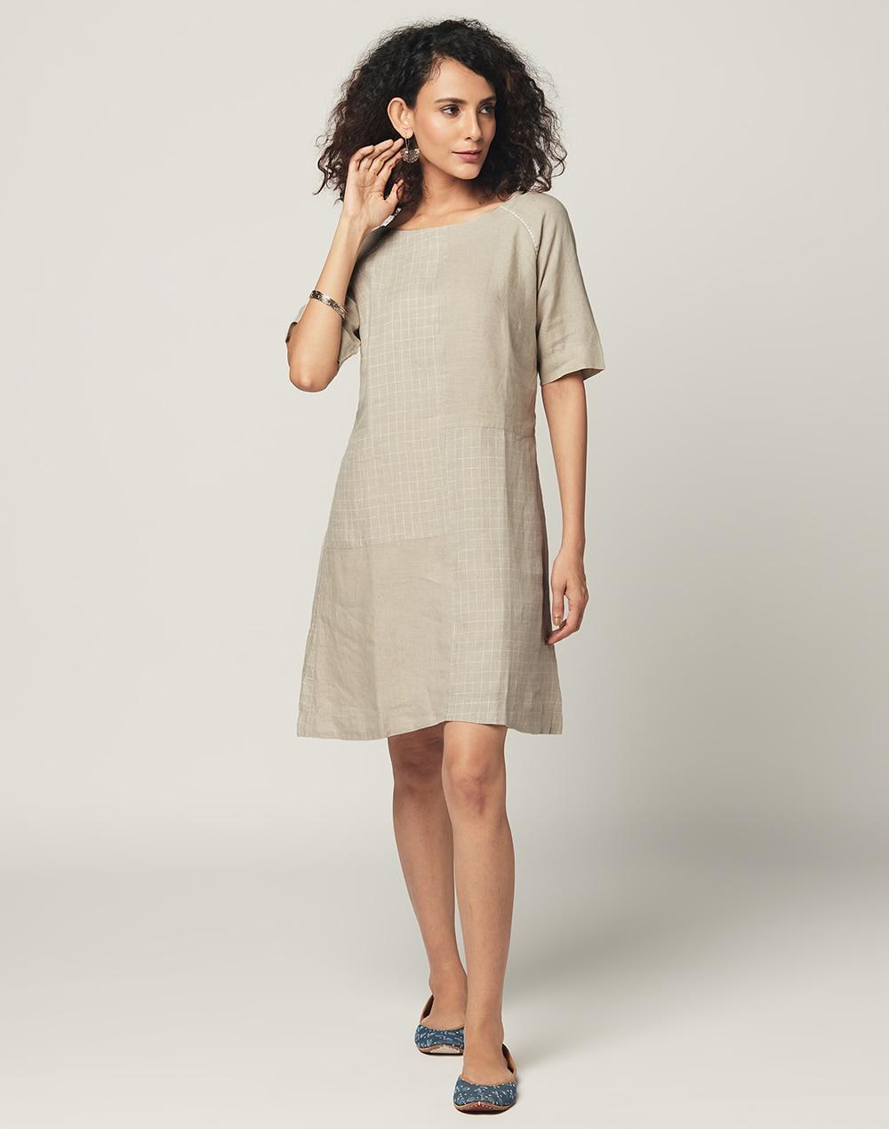 linen checks knee length dress