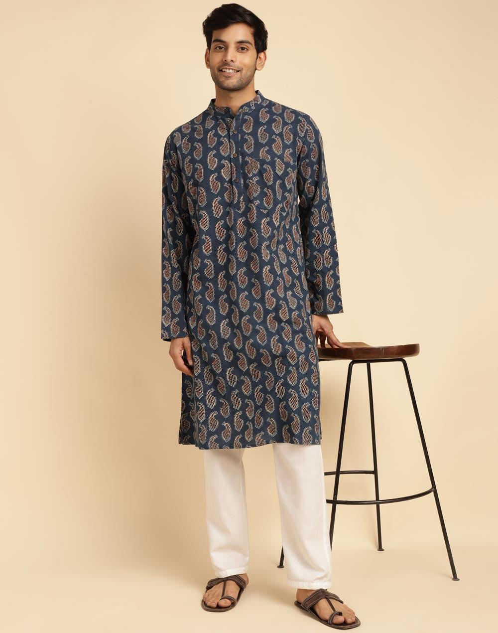 indigo cotton printed long kurta