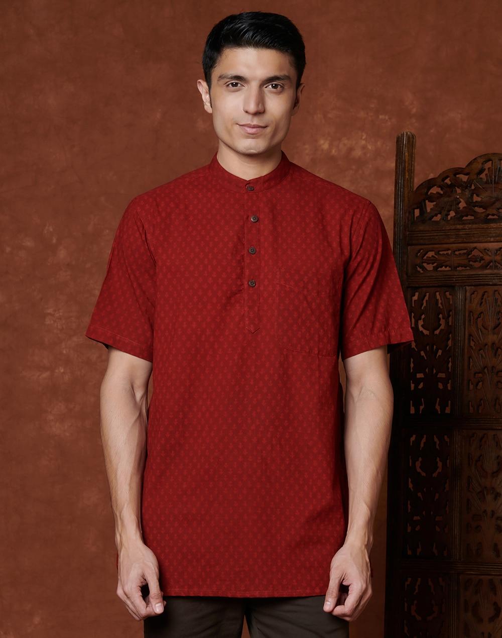 red cotton cambric printed short kurta