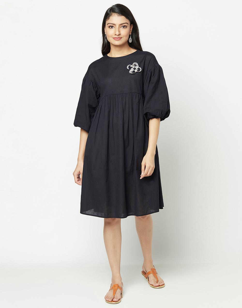 fabnu black cotton linen knee length midi dress