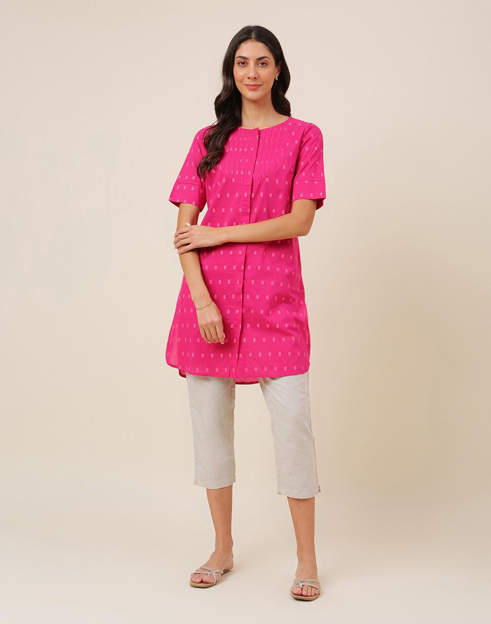 fabbasics pink cotton hand block print knee length kurta