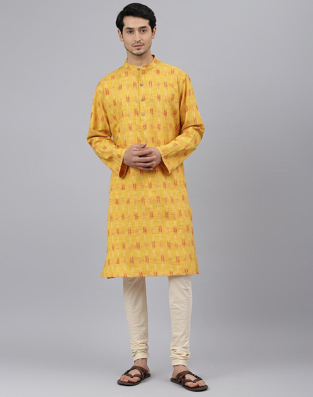 chinese collar cotton ikat print comfort fit long kurta