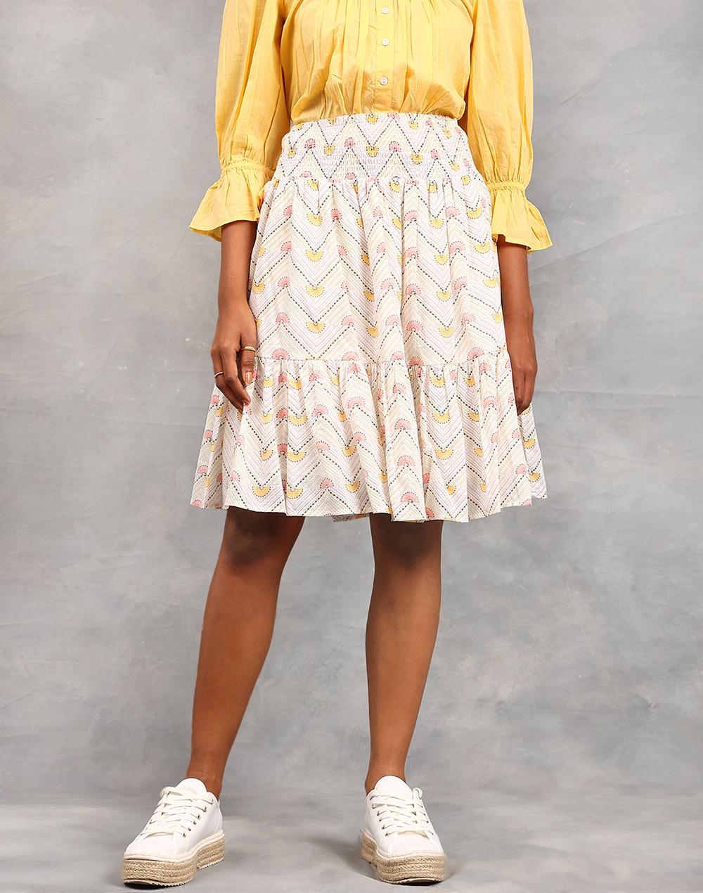 fabnu white printed cotton midi skirt