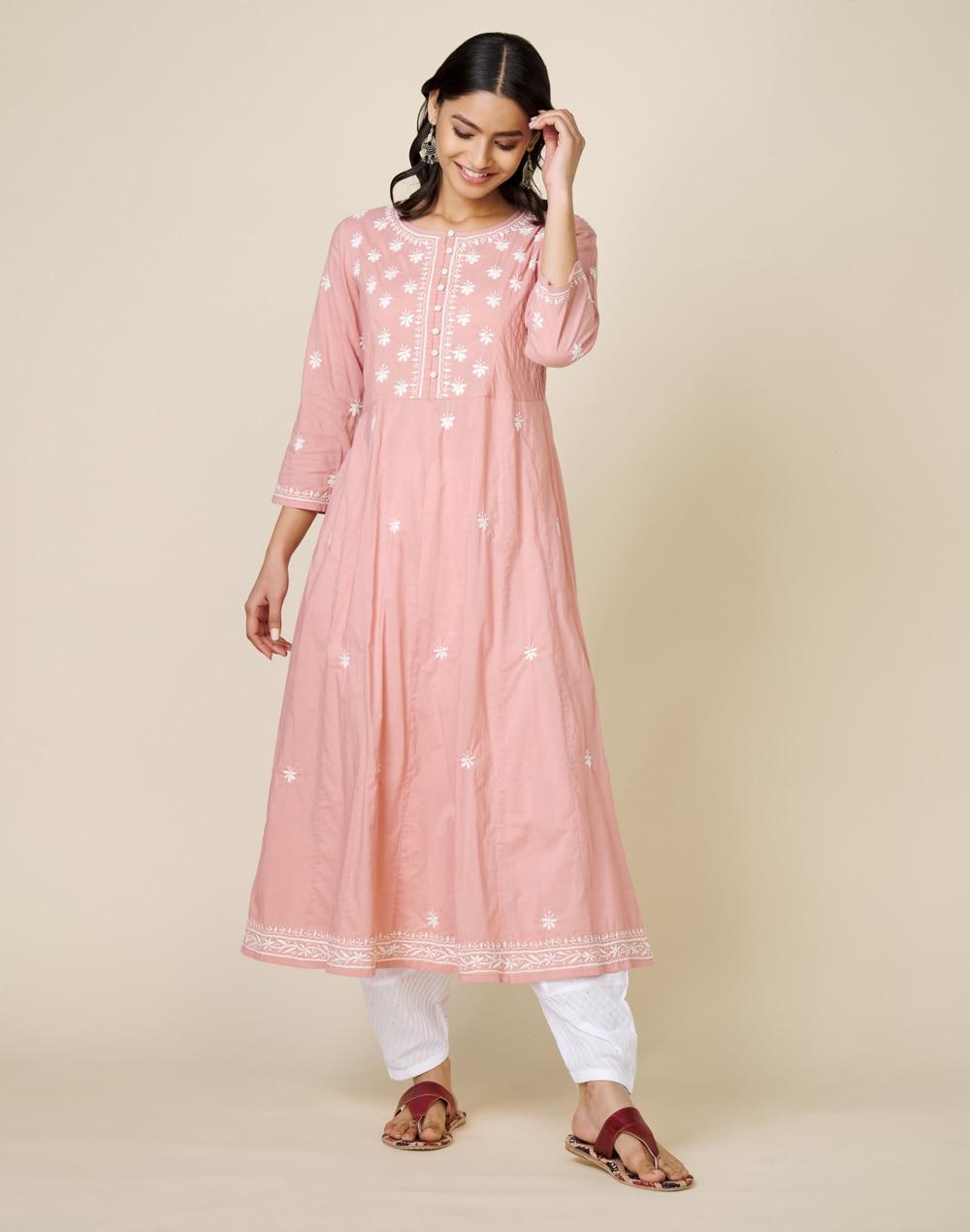 cotton mull chikankari long kurta