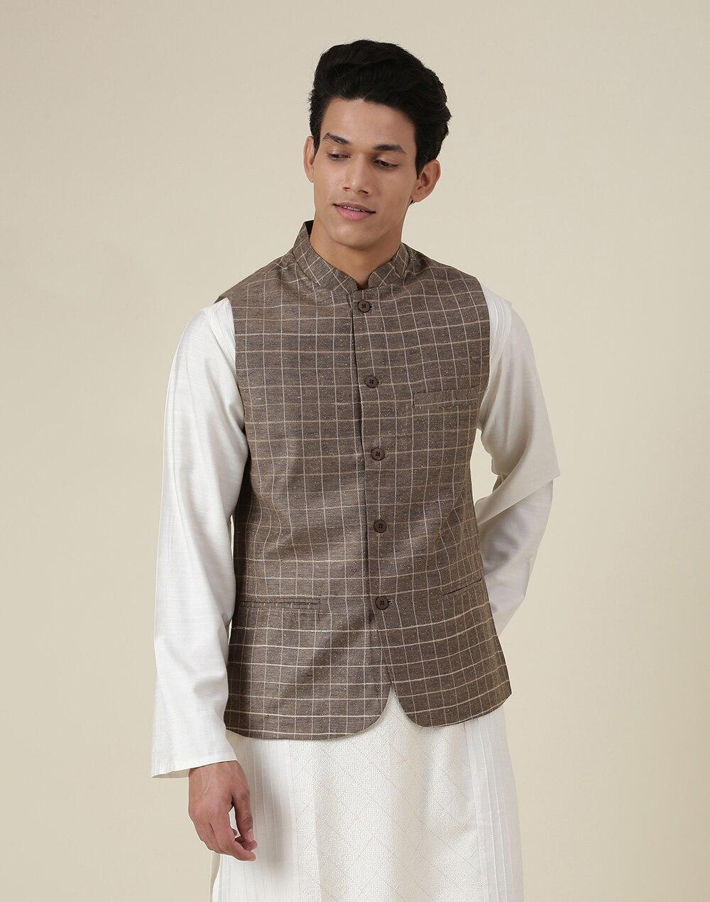 chinese collar viscose silk checks nehru jacket