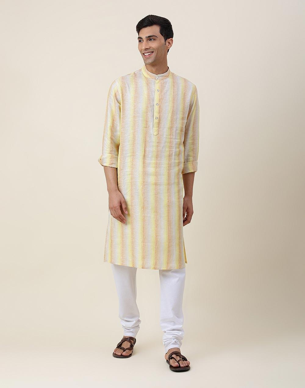 multi linen striped slim fit long kurta