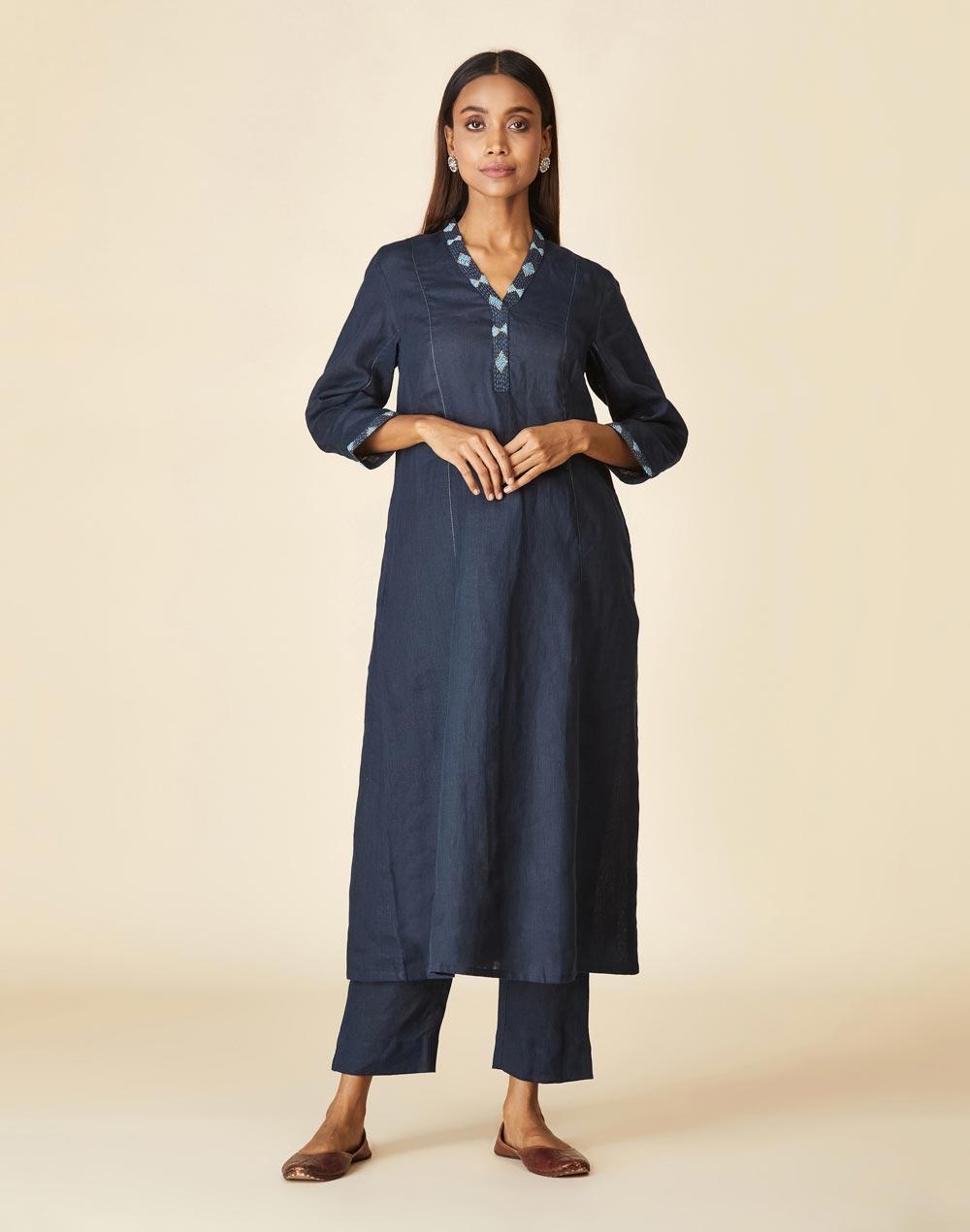 navy linen embroidered kurta & pants set