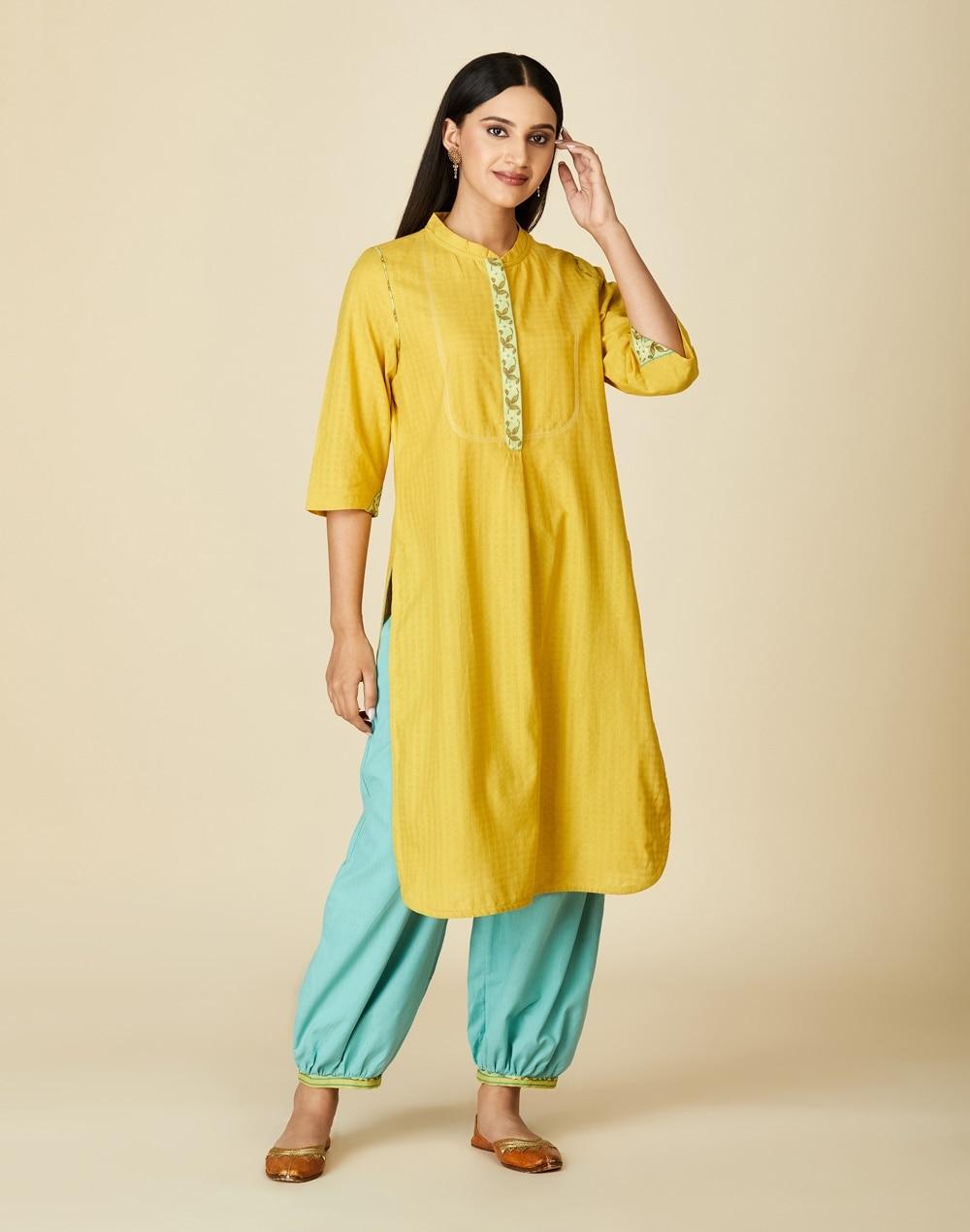 yellow cotton printed kurta & salwar set