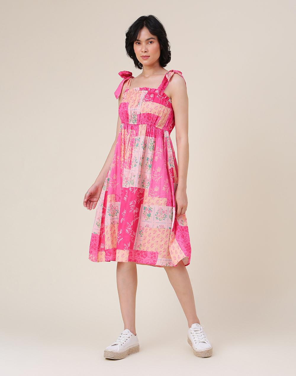 fabnu pink cotton printed midi dress