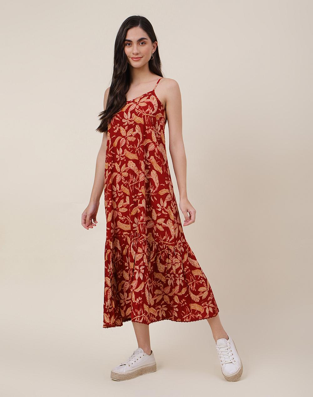 maroon viscose kalamkari printed midi dress