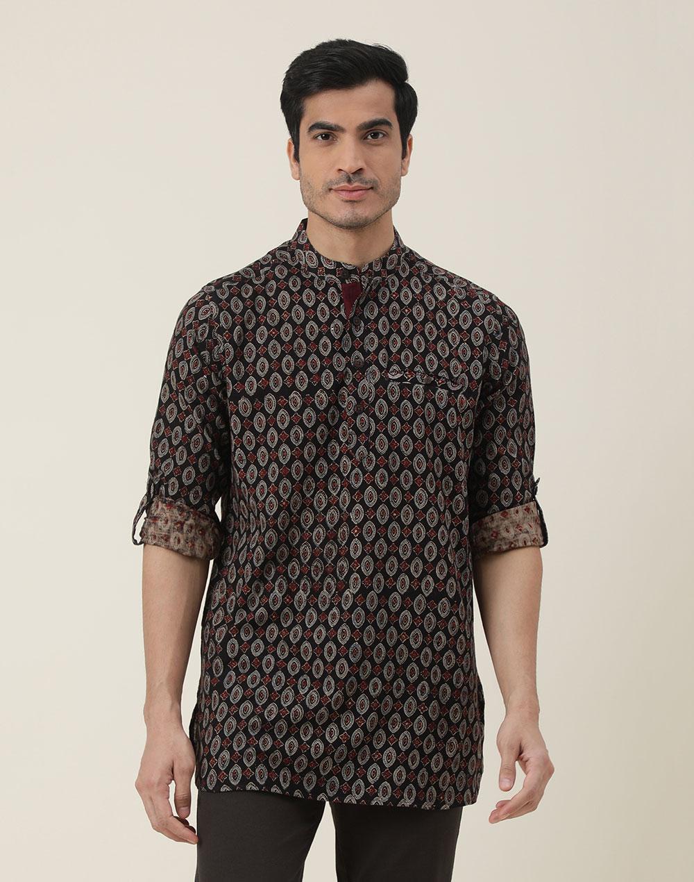 black cotton slim fit printed short kurta