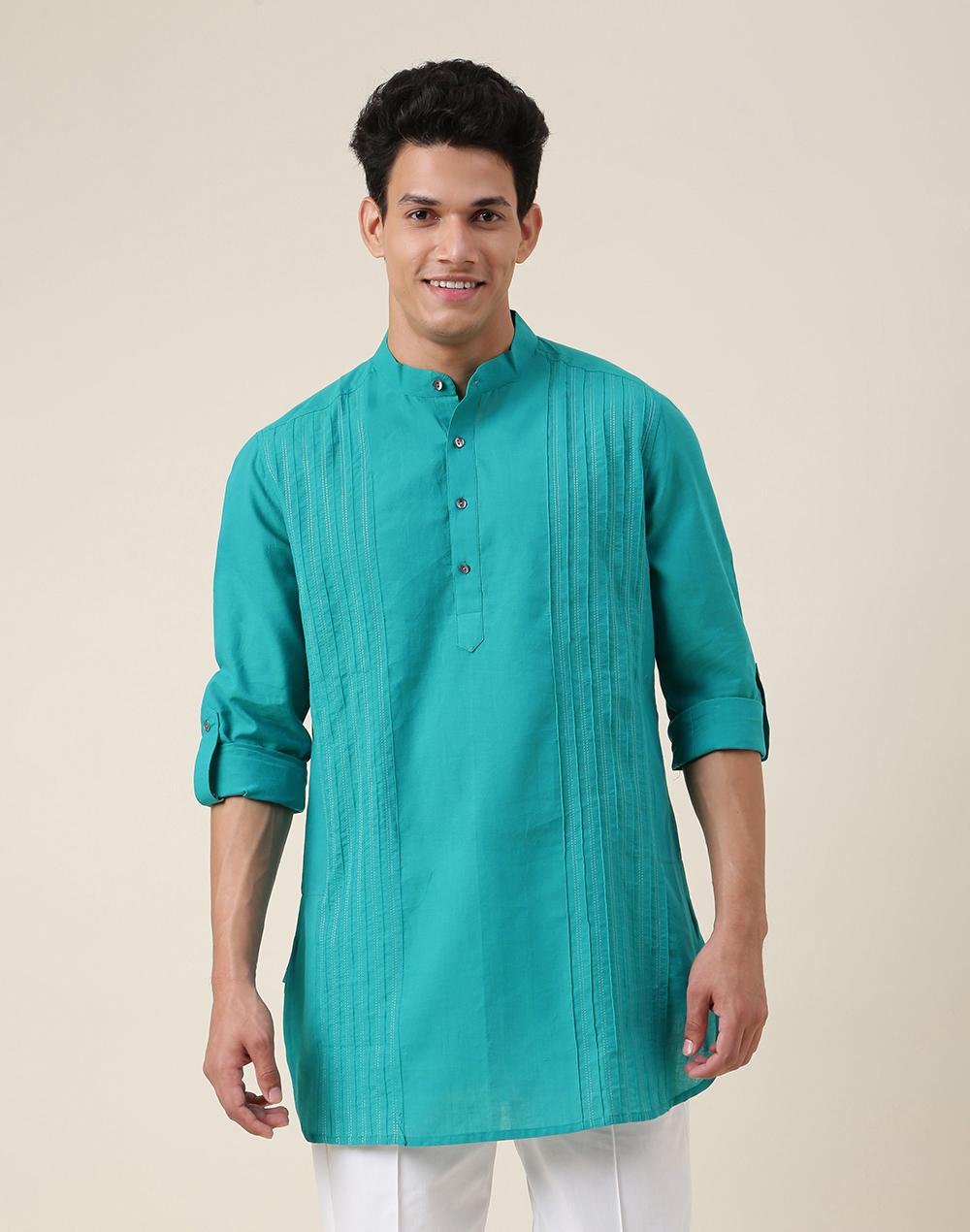 teal cotton pintucks short kurta