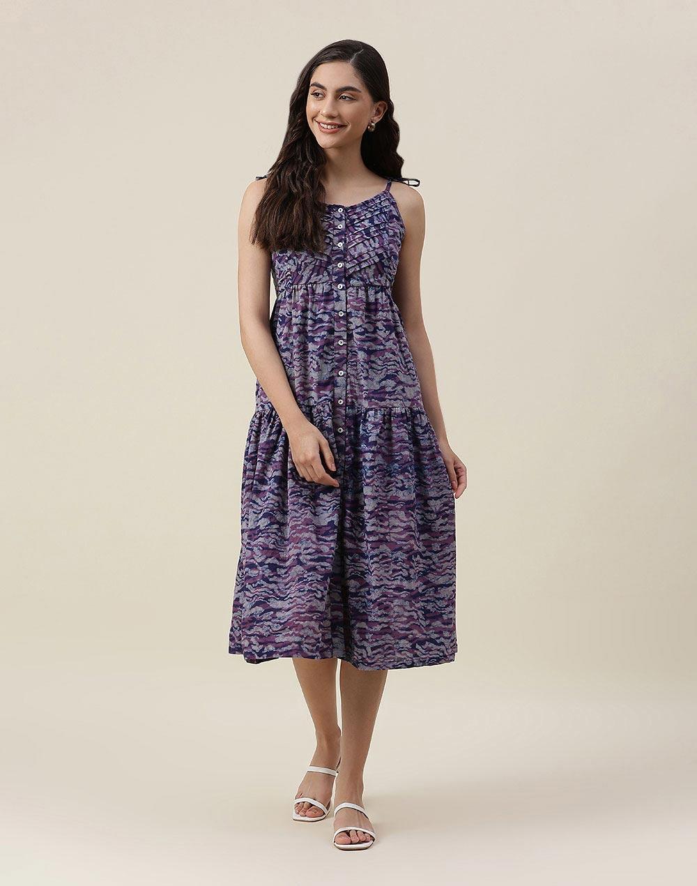 fabnu purple cotton printed dabu tie strap dress