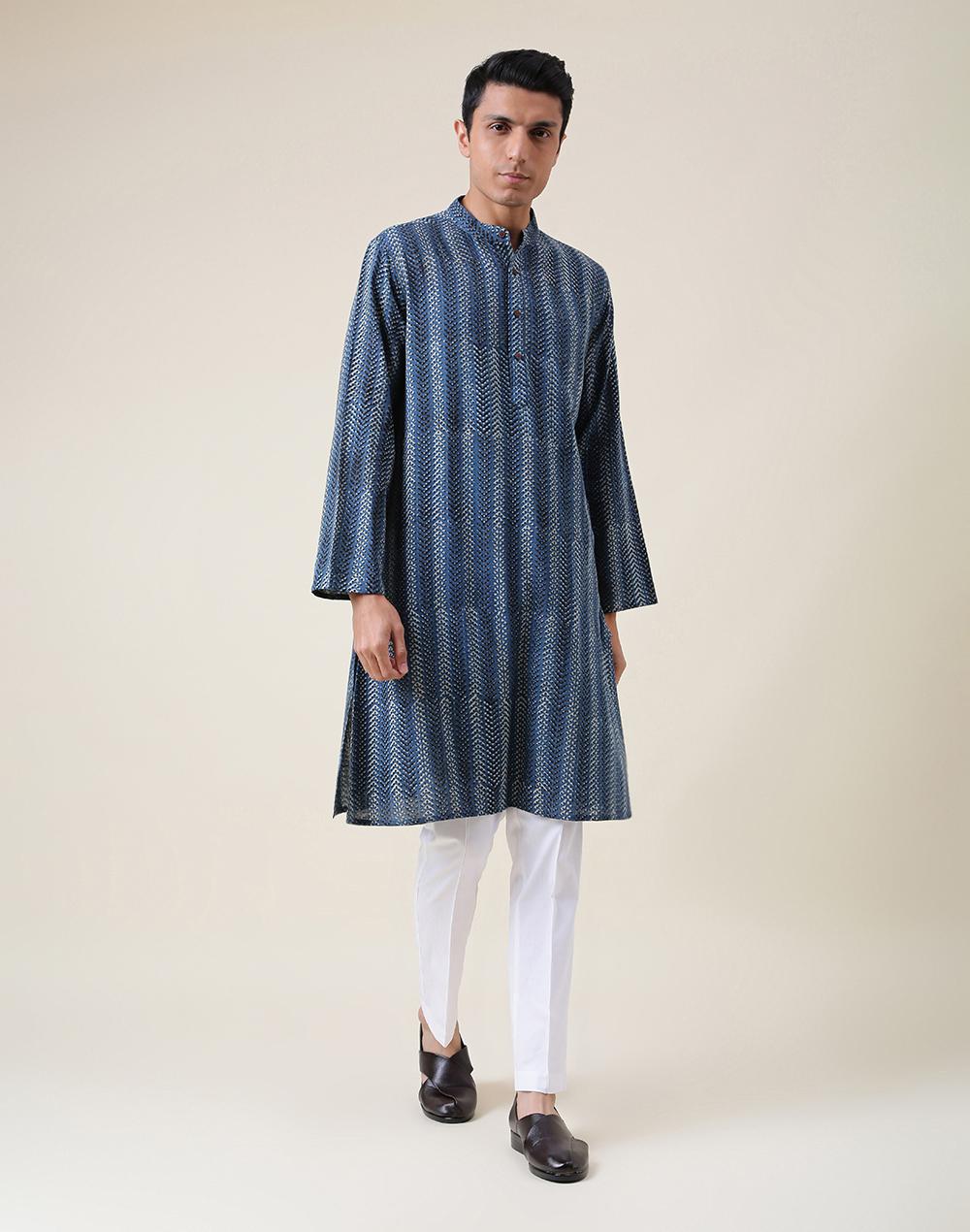 blue cotton printed long kurta