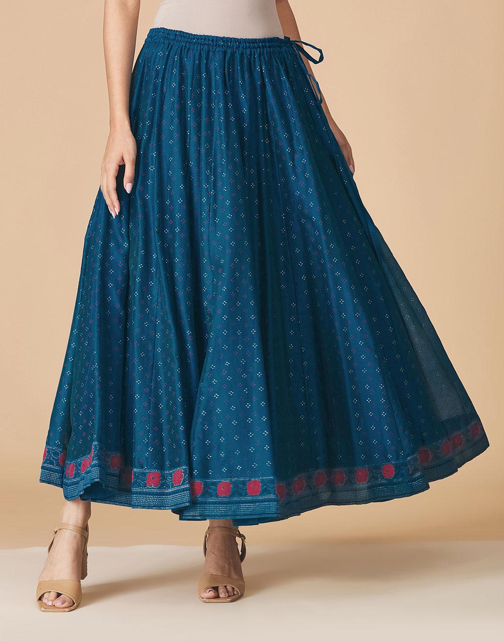 teal cotton silk printed ghera skirt