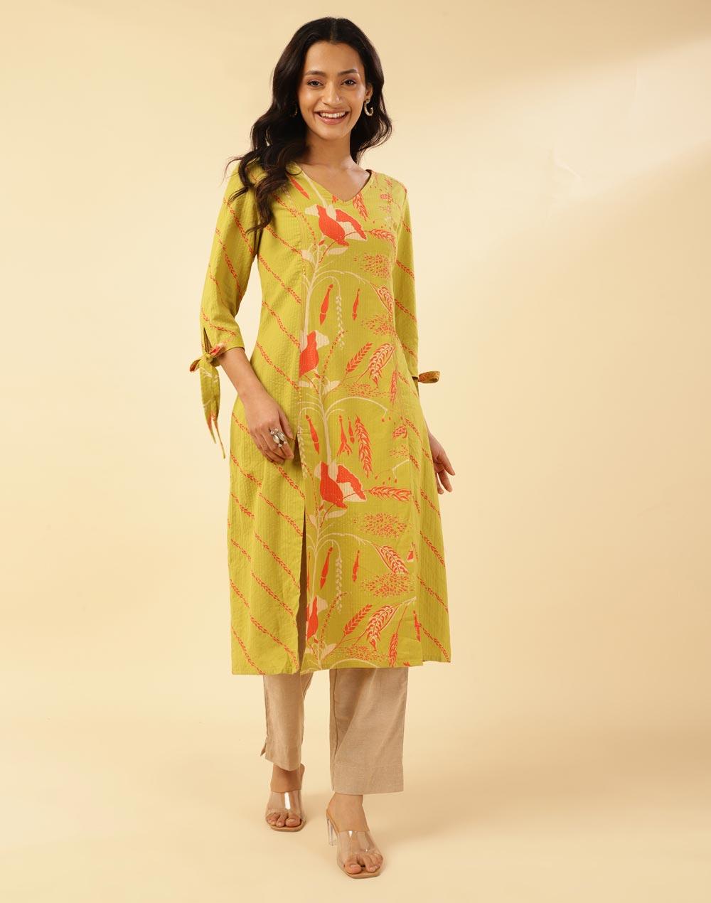 nuindian green cotton printed kurta