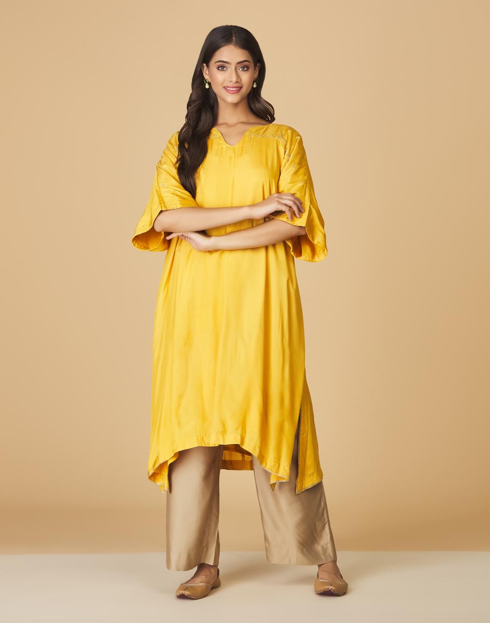 yellow rayon blend embroidered knee length kurta