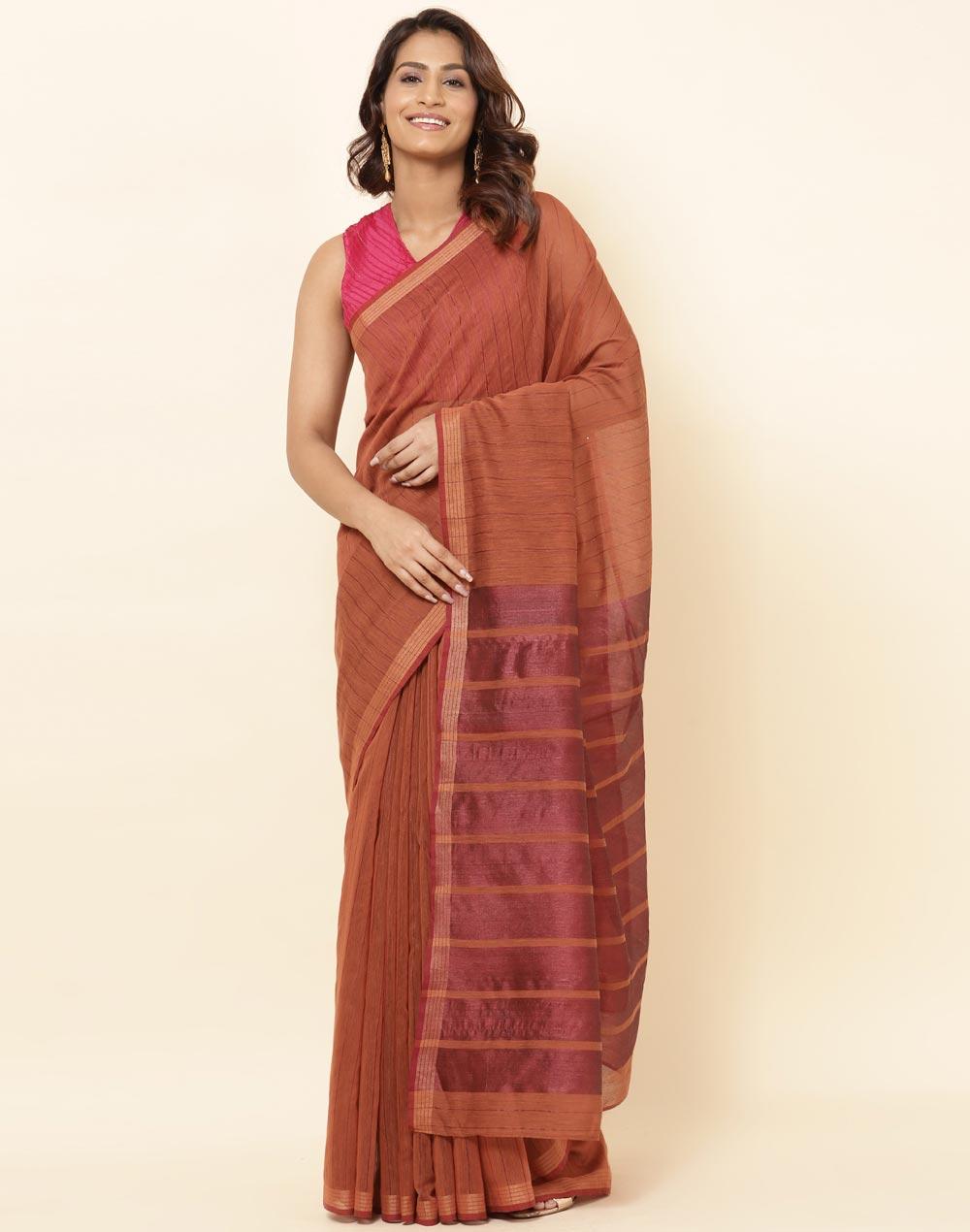 orange cotton silk jaal hand woven sari