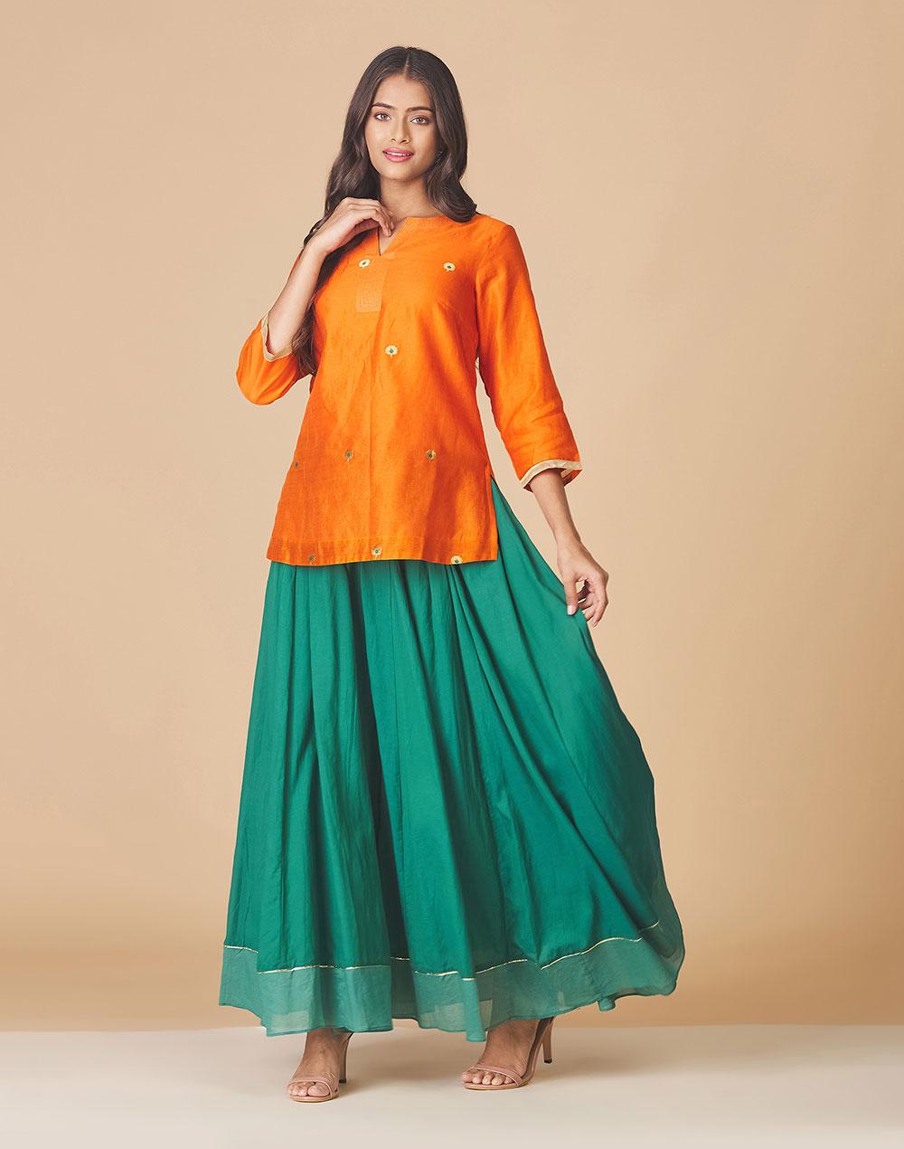 green cotton flared full elasticated ghera skirt