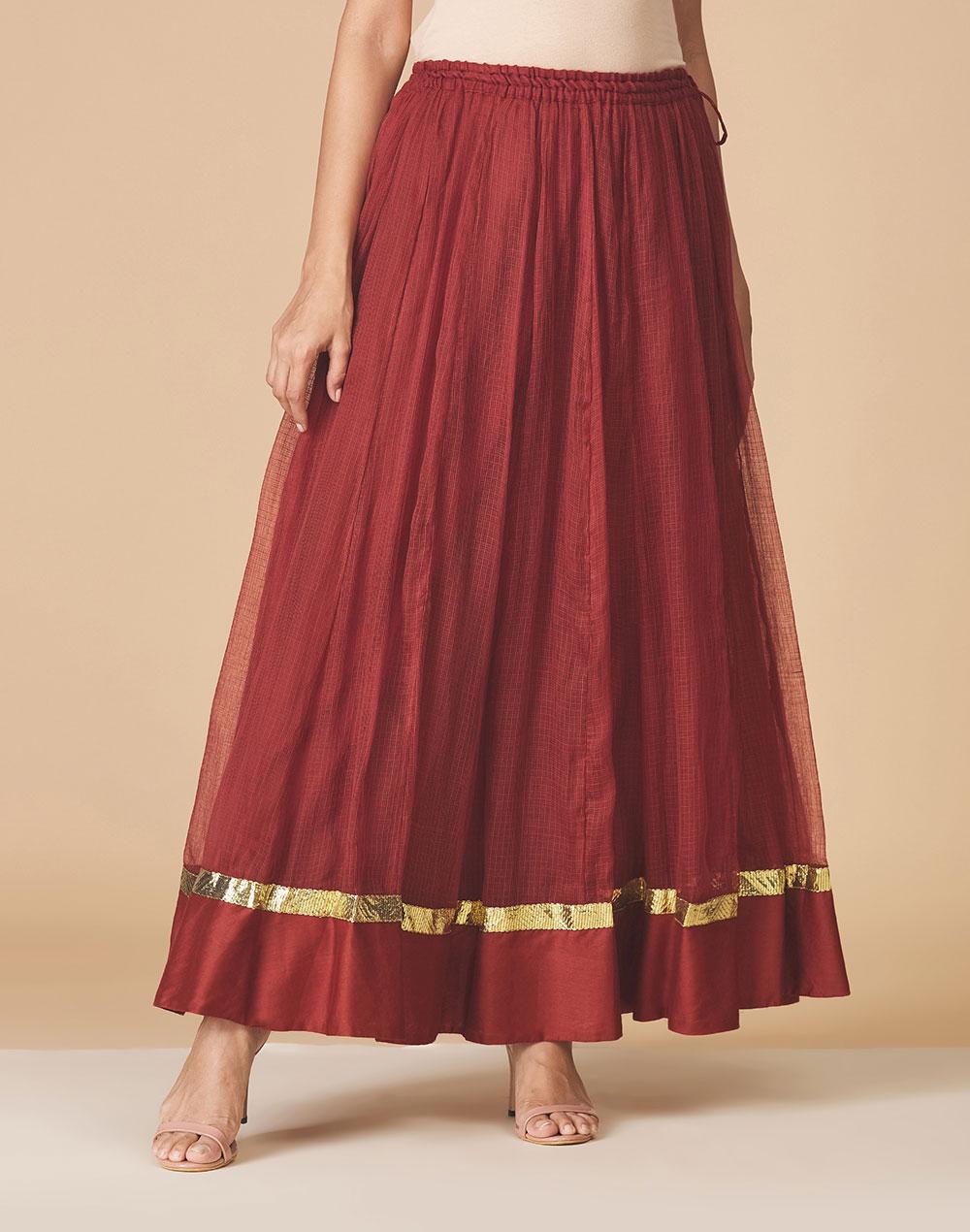 maroon cotton silk flared full elasticated ghera skirt