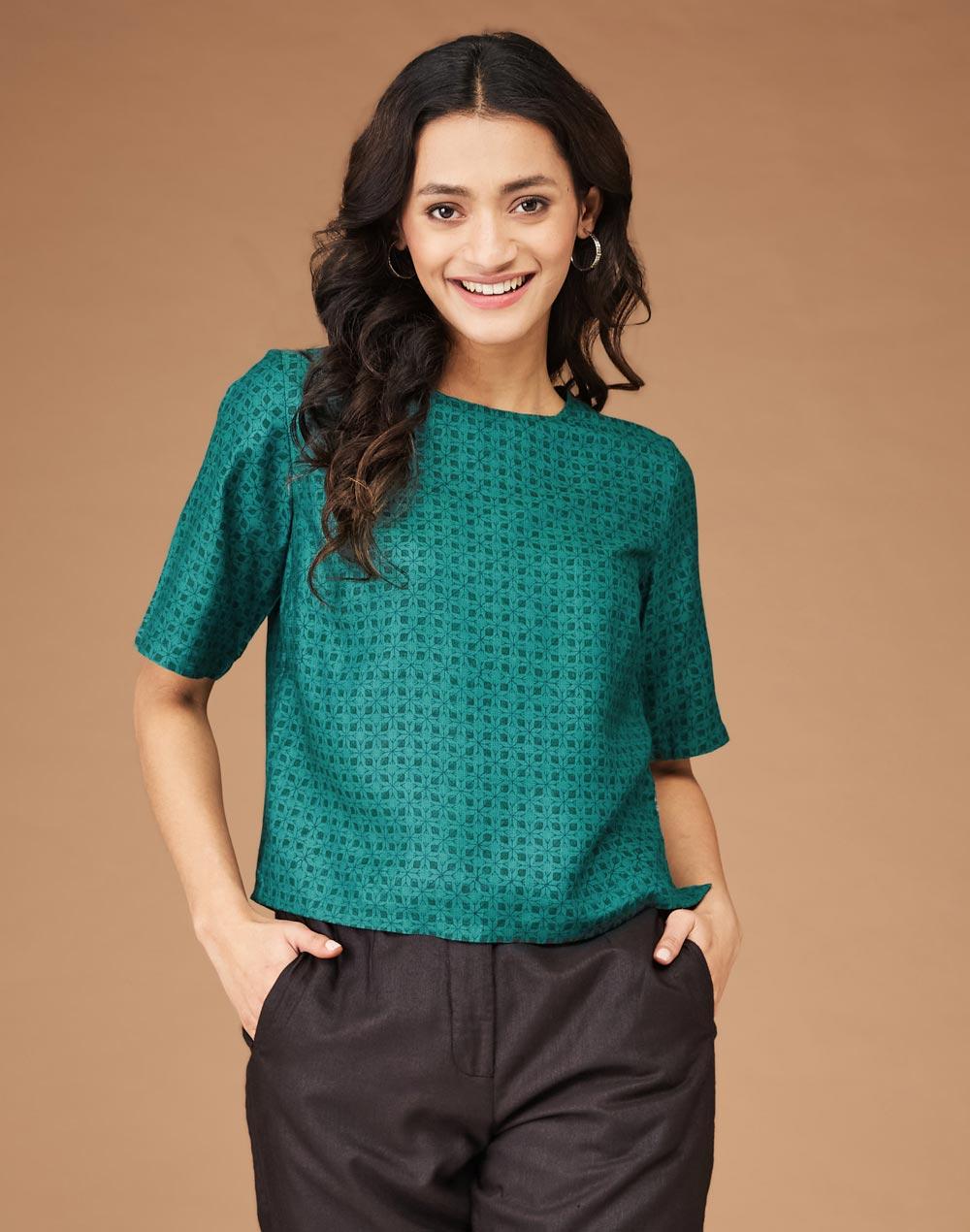 green silk blend hand block printed short top