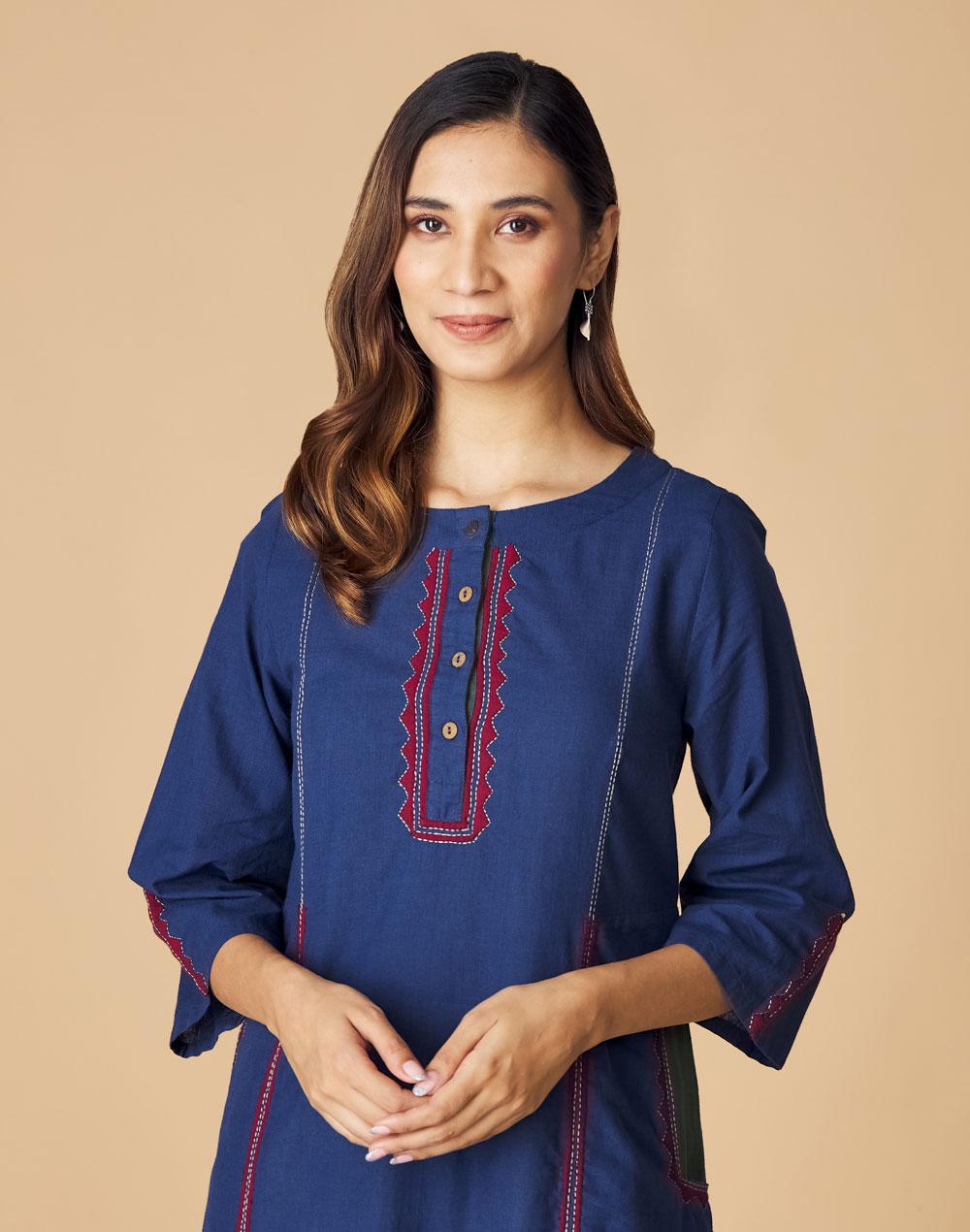 blue cotton applique embroidered  long kurta