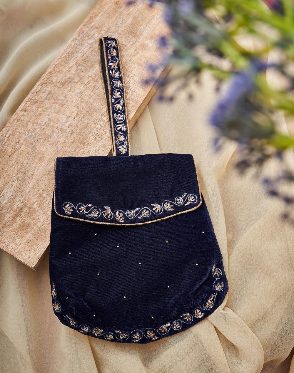 blue cotton blend hand embroidered potli bag