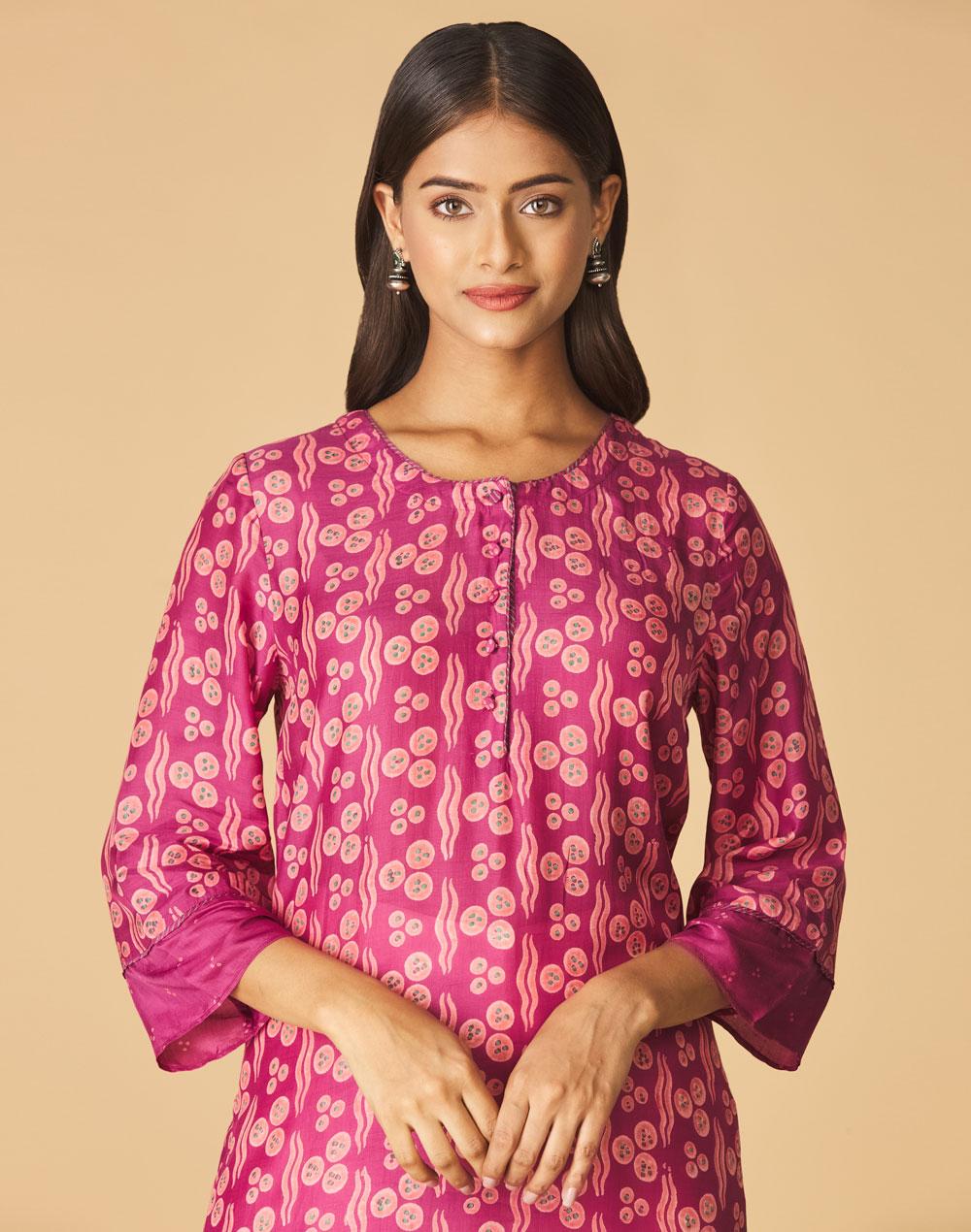 pink viscose blend hand block print long kurta